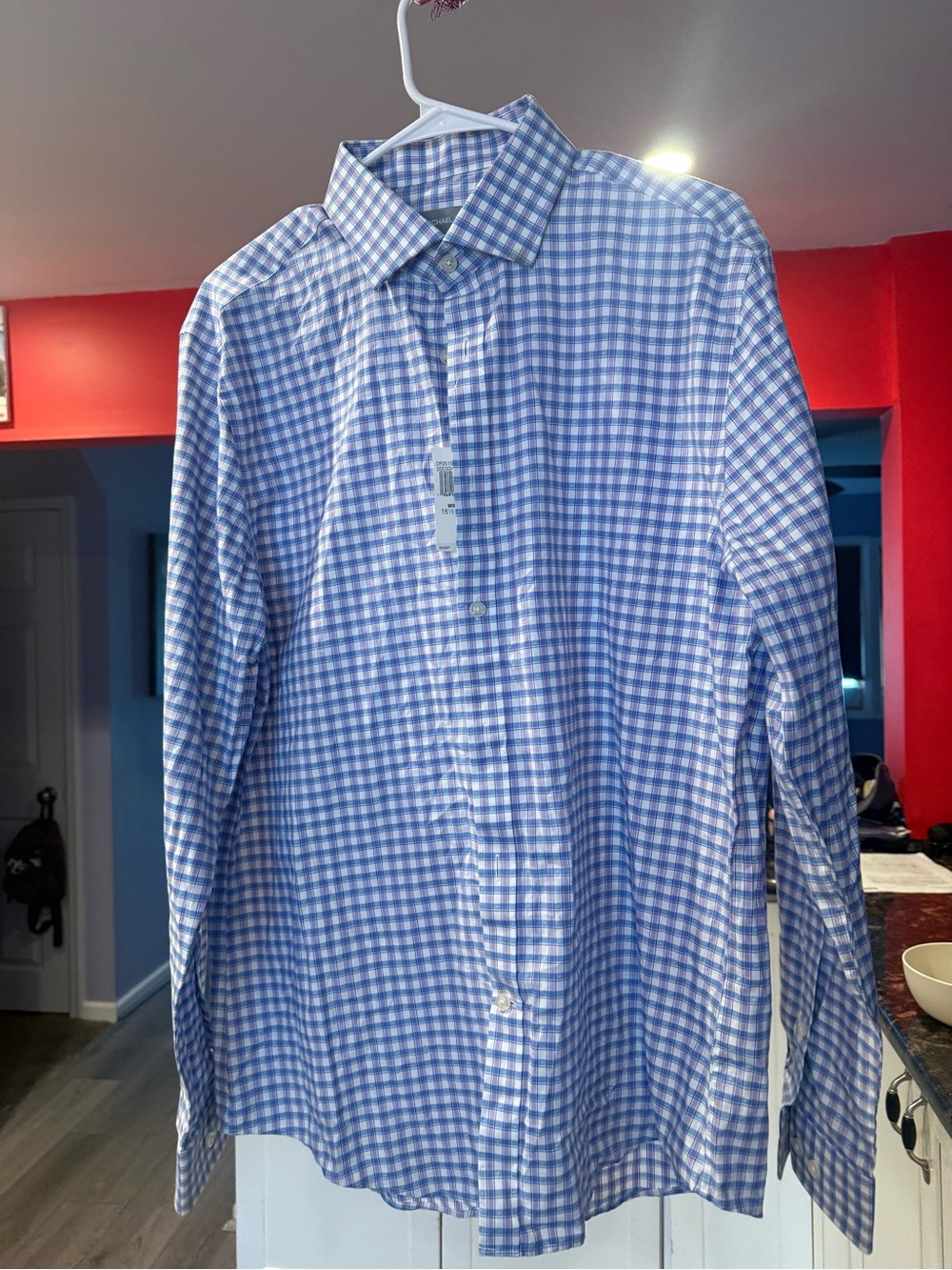 Men’s Michael Kors Light Blue and White/purple plaid Gingham Dress Shirt SLIM LG